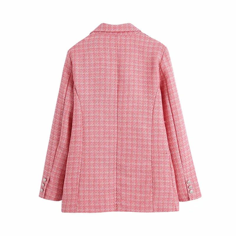 

Za Women Textured Plaid Blazer Shoulder Long Sleeve Blue Office Blazers Coat Double Breasted Button Summer vintage Loose Top