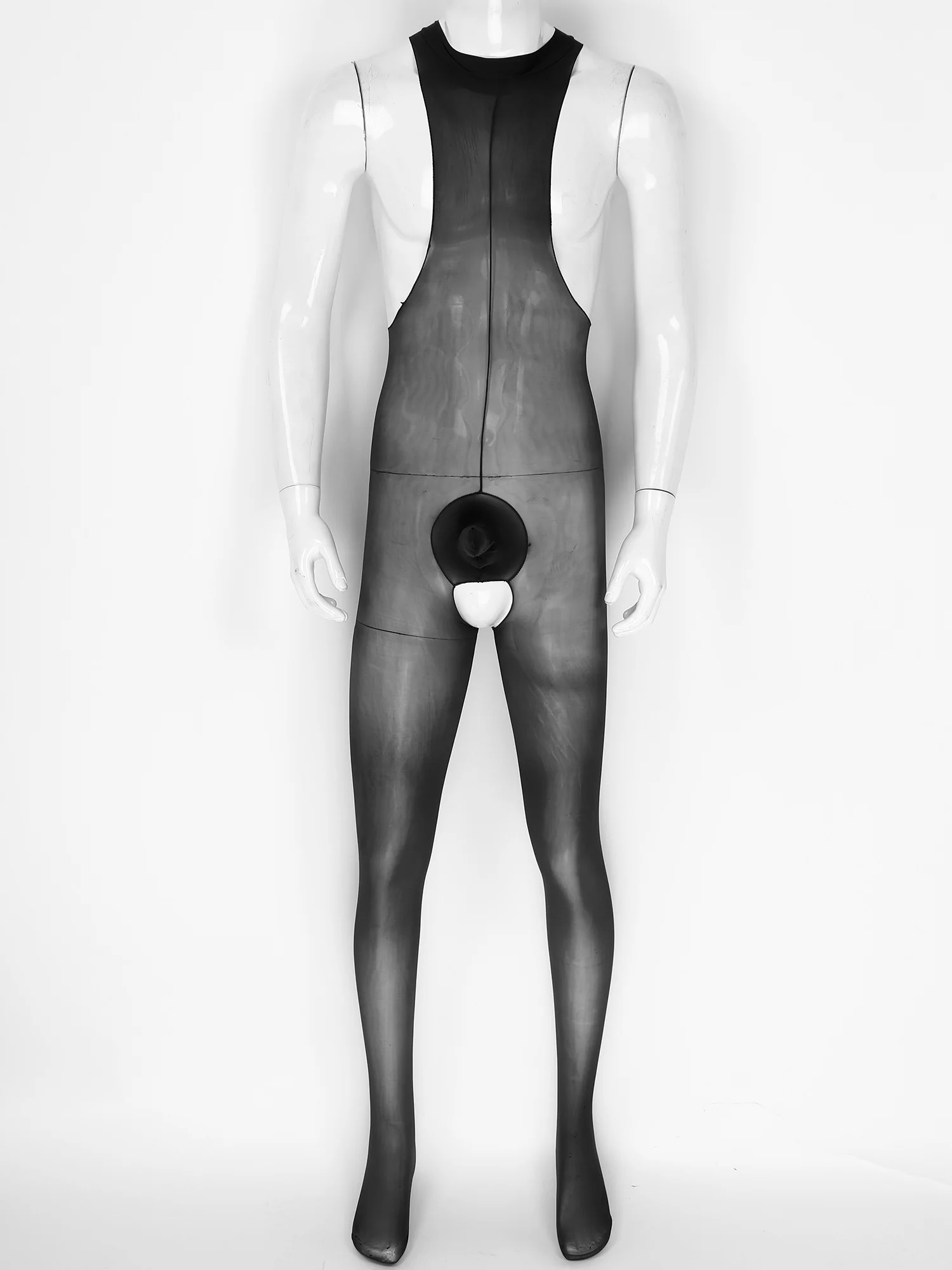 Мужское прозрачное боди с круглым вырезом глянцевое трико без рукавов вырезами