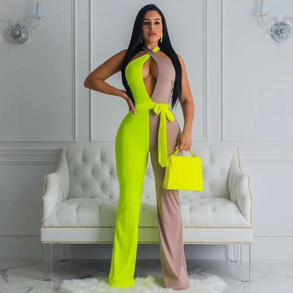 Женский неоновый комбинезон в стиле пэчворк летний клубный с открытой спиной и