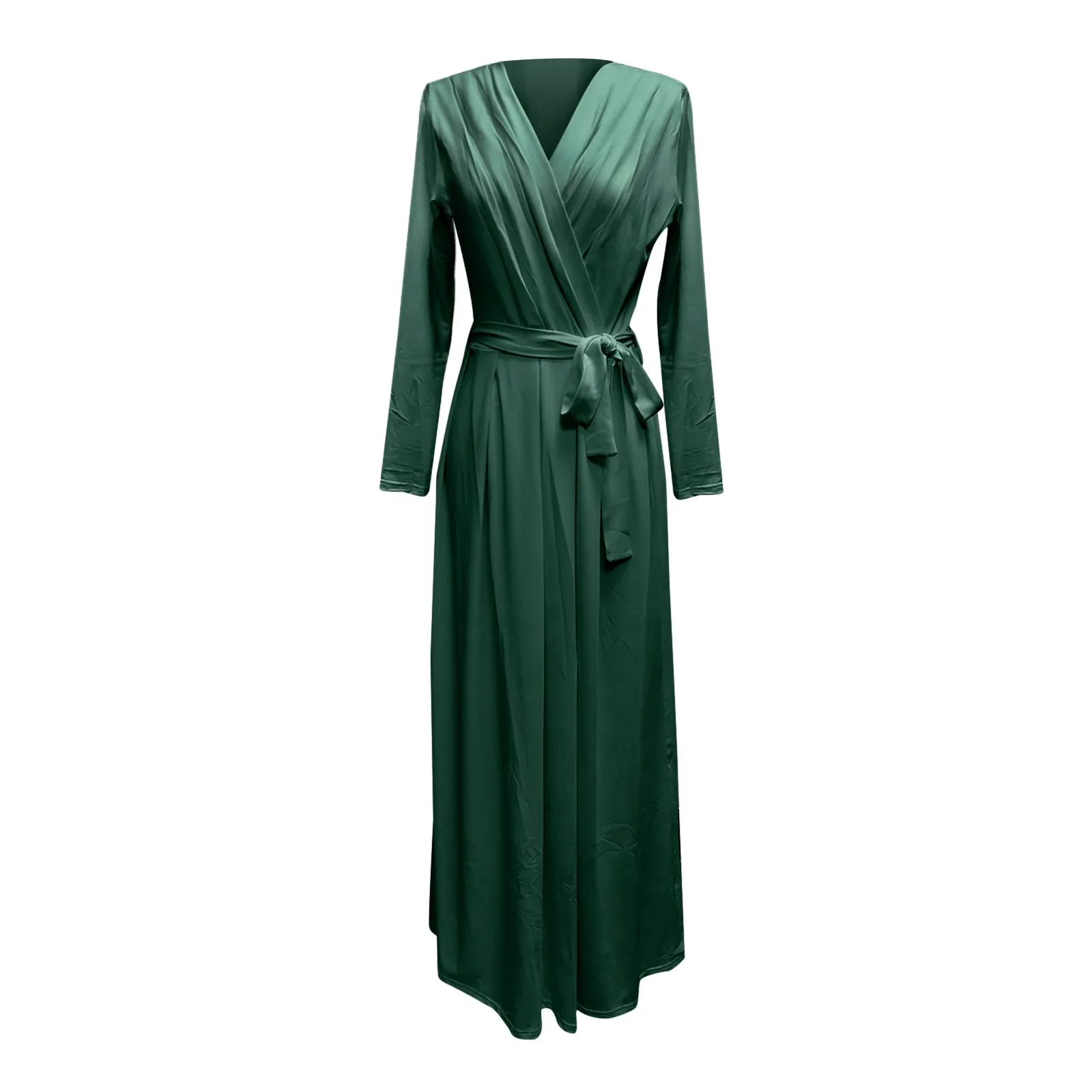 

40# V Neck Maxi Dress Women Muslim Solid Color Long Sleeve Long Woman Dress Pleated Straight Robe Femme Vintage Women Clothing