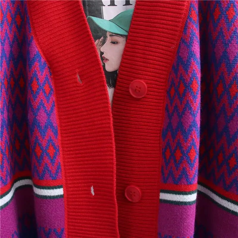 

Casual V Neck Plaid Argyle Knitted Outwear Ladies Top Autumn Winter Clothes Cardigans Red Sweater 2020 Fashion Long Sleeve