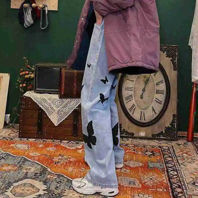 

Vintage Butterfly Jeans Women 2021 Summer Loose Oversize High Waist Wide Leg Casual Straight Harajuku Pants Plus Size Streetwear