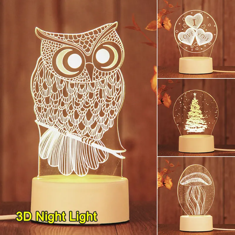 

1 PCS 3D USB Acrylic Night Light 4 Styles LED Table Desk Bedroom Decor Gift Warm White Lamp Button Switch Room Decortion