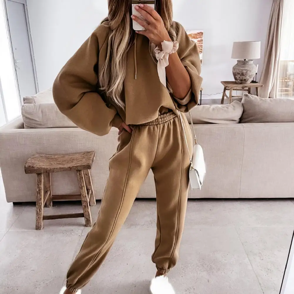 

1 Set Hoodie Pants Set Hooded Drawstring Women Solid Color Long Sleeve Sweatshirt Pockets Trousers for Sports