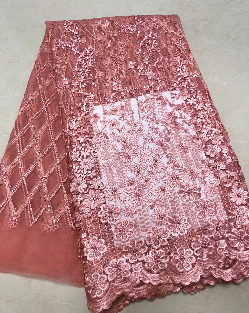 2018 розовые французские нигерийские кружева ткани с бисером и камнями тюль