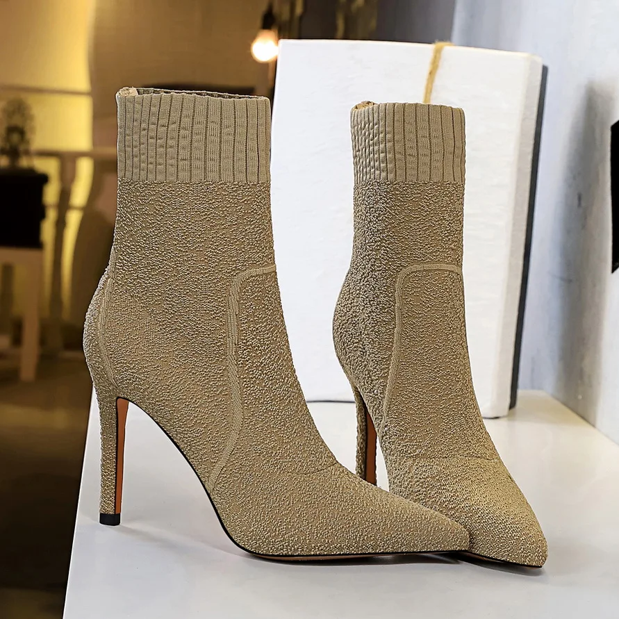 

2019 Women Stretch Boots Stripper 9.5cm High Heels Ankle Boots Lady Combat Stiletto Khaki Heels Fetish Cool Winter Slim Shoes