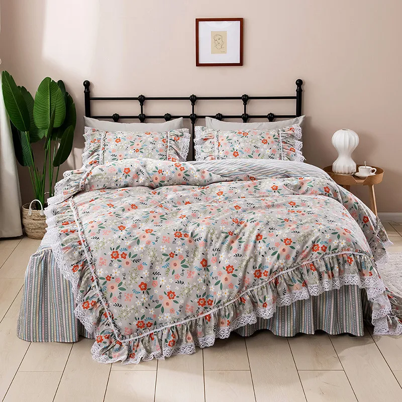 

Korean princess lace ruffles floral skirt-style bedding set pure cotton pastoral ropa de cama couvre lit duvet cover set