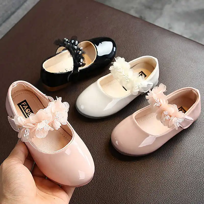 Girls Leather Shoes 2021 Flower Crystal Mary Janes For Baby White Wedding Kids Flats Dance Black Pink |