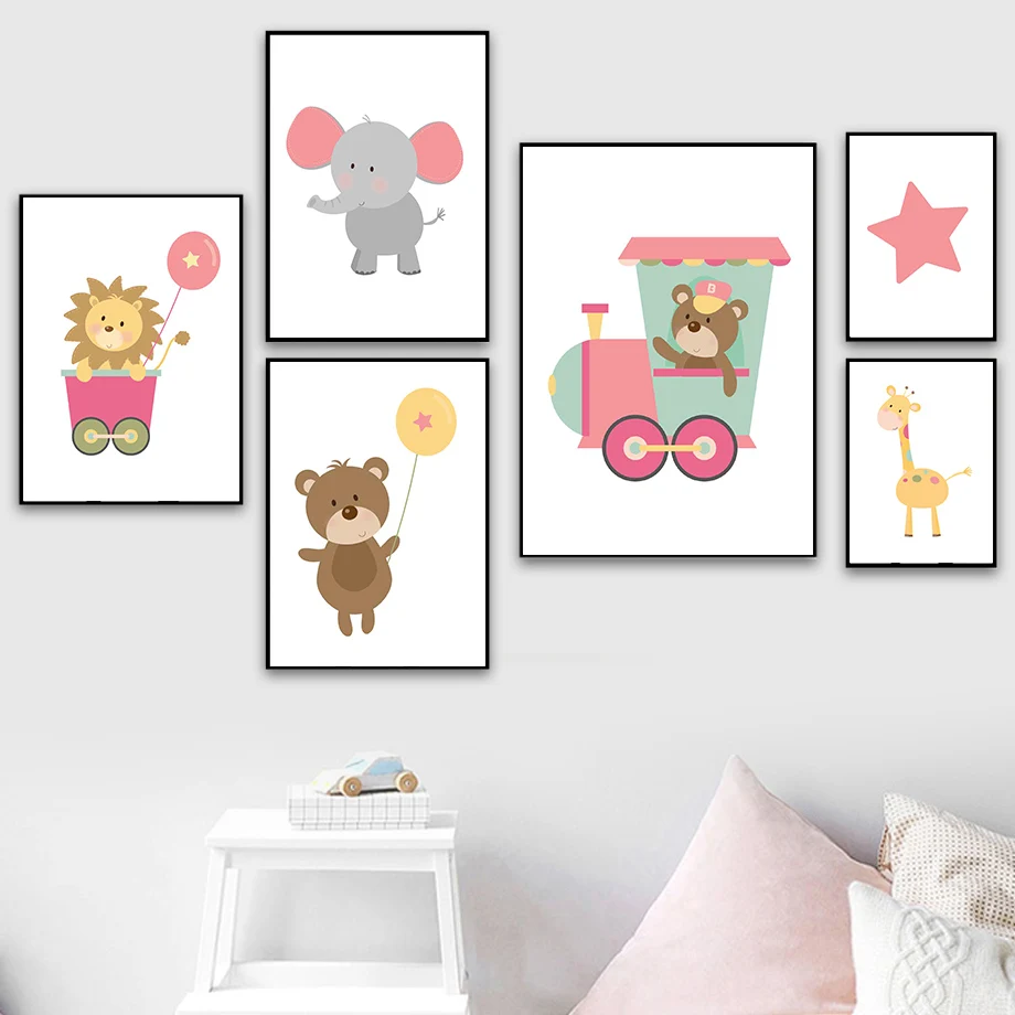 

Lion Elephant Bear Giraffe Star Cartoon Animals Nordic Posters And Prints Wall Art Canvas Painting Wall Pictures Baby Room Decor