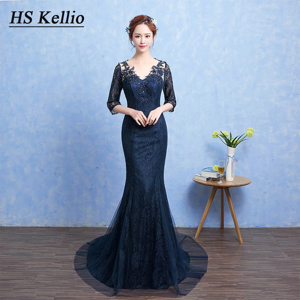 HS Kellio платье фасона русалка для подружки невесты Vneck темно-синее праздничное с