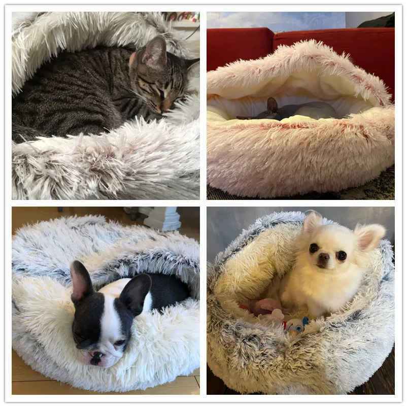 

New Winter Cat Bed Round Plush Warm Soft Pet Bed Soft Long Plush Bed For Small Dogs Cats Nest 2 In 1 Cat Bed Puppy Sleeping Bag