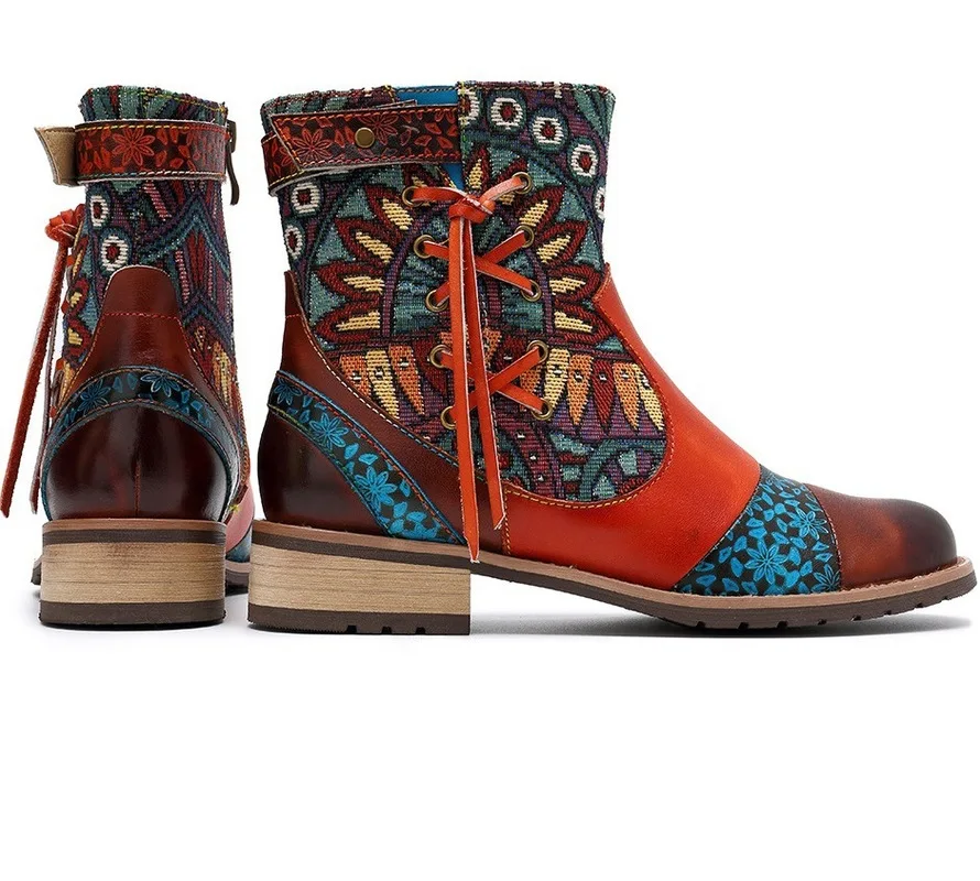 Winter Ethic Retro Women's Boots Multi Totem Print Patchwork Chunky Heel Buckle Lace Up Leisure Vintage Shoes Ladies Female 2020 | Обувь