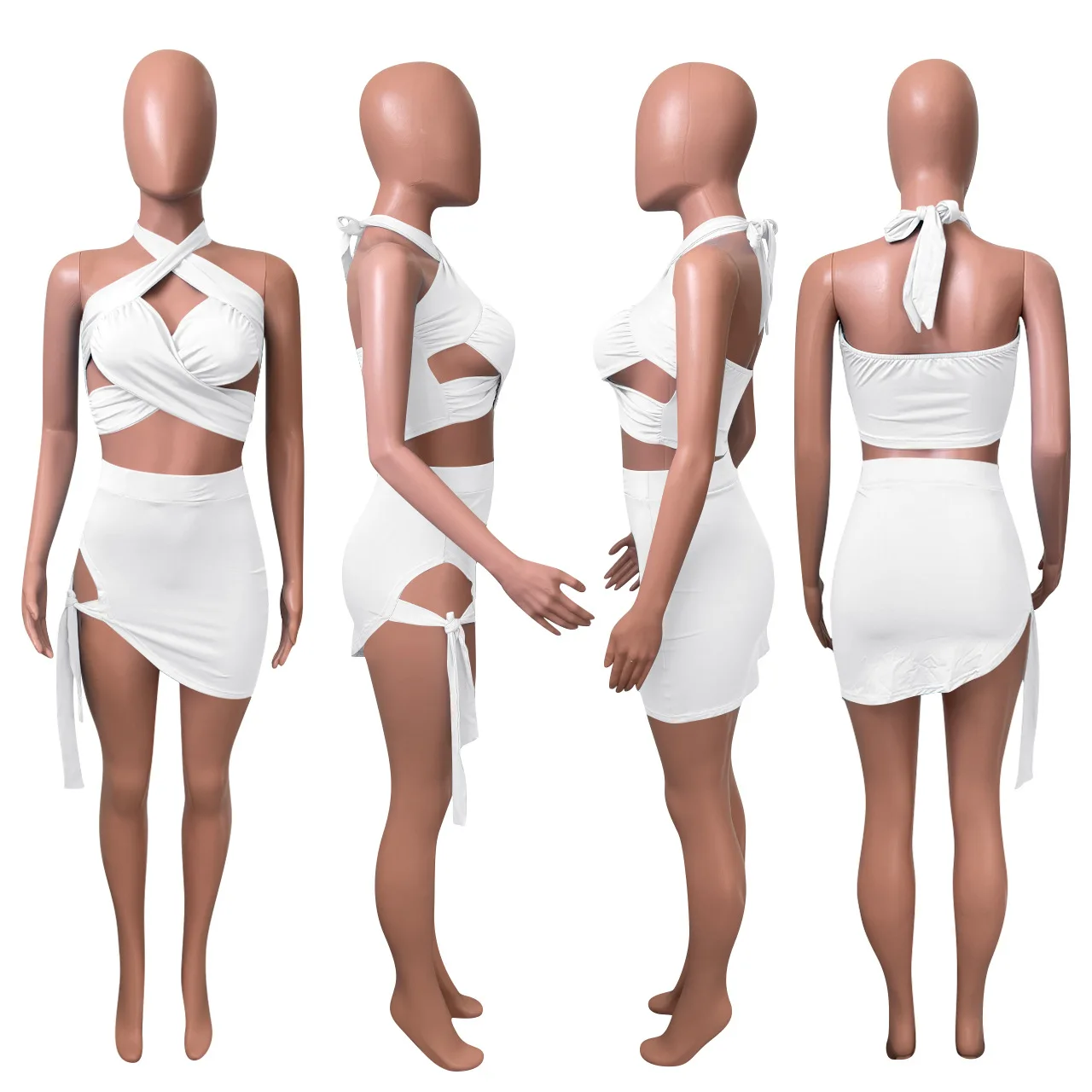 

Solid Women 2 Piece Set Halter Bandage Crop Top + High Waist Skinny Skirt 2021 Summer Solid Sexy Hollow Out Club Party Vestidos