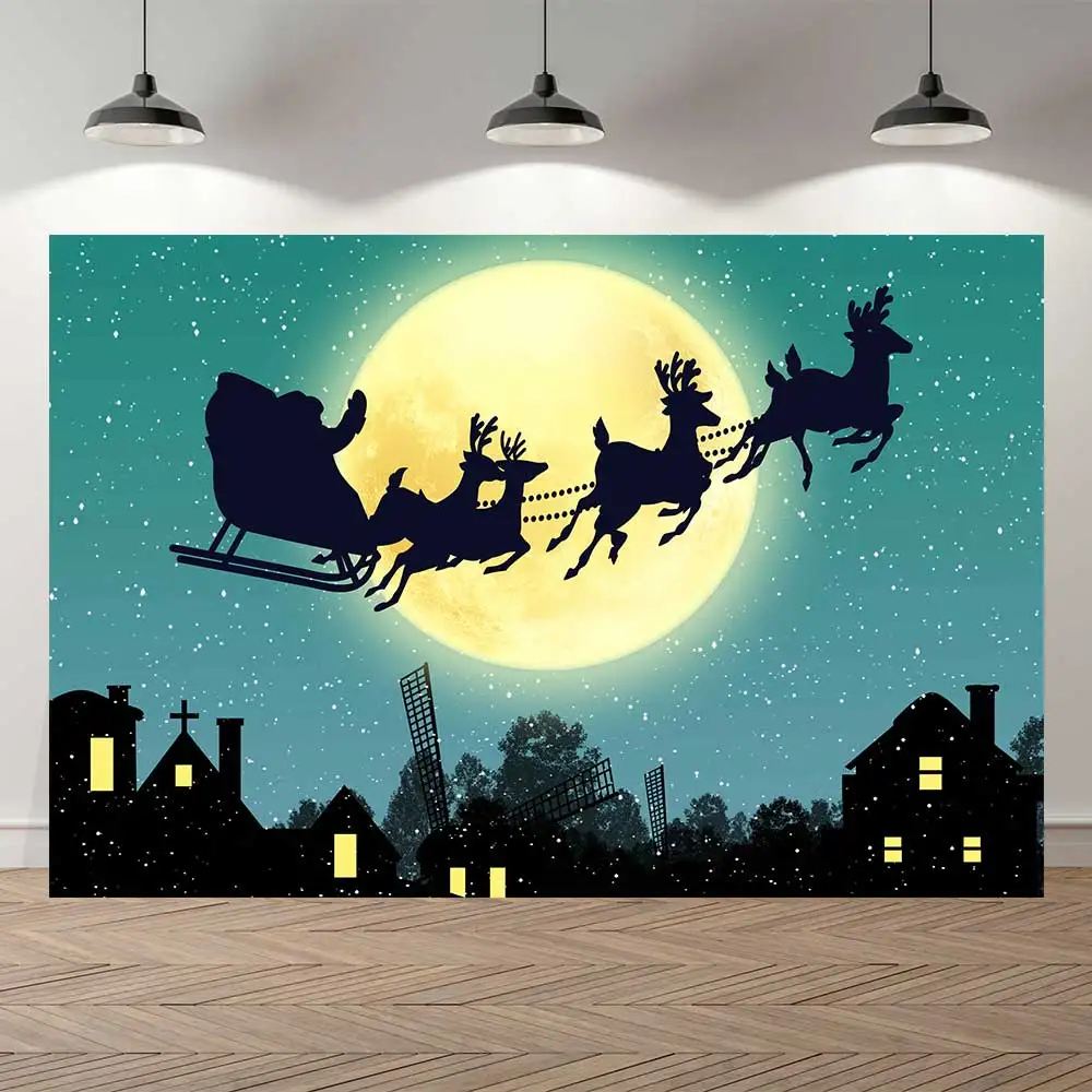 

NeoBack Merry Christmas Snow House Moon Light Snow Santa Claus Night Gifts Party Banner Photo Backdrop Photography Background