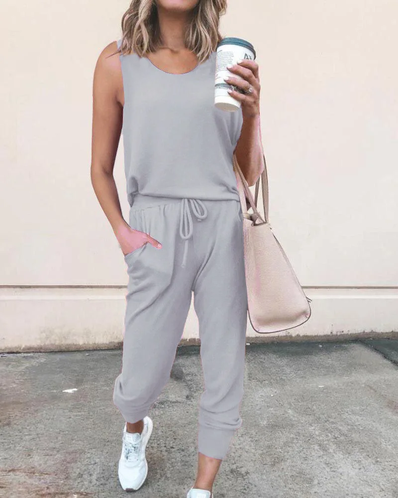 

Women's New Round Neck Sleeveless Jumpsuit Ladies Loose Bodysuit Woman Streetwear Elastic Romper