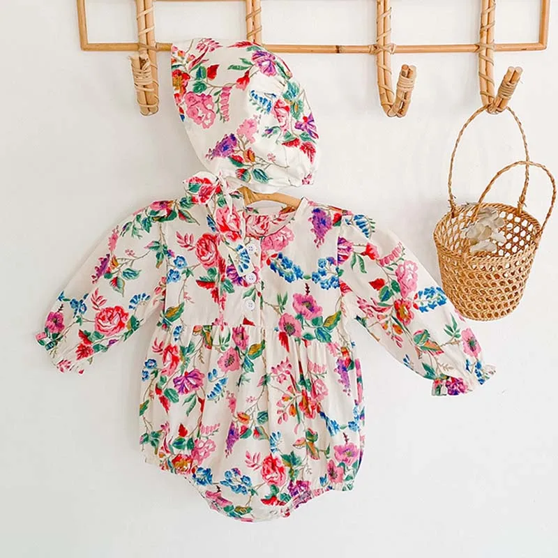 

Новое Осеннее боди с длинными рукавами и цветочным рисунком для новорожденных девочек; Одежда для маленьких девочек; Милый комбинезон с шап...