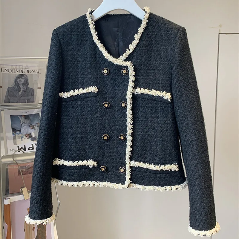 

Spring Autumn New Designer Women's High Quality O-neck double-breasted Tweed jackets C323