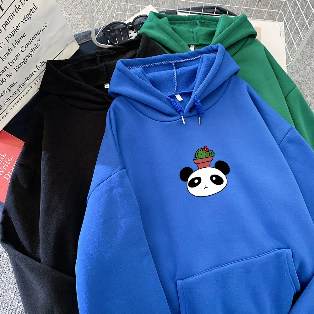 Panda and Cactus Plant Hoodie Harajuku Sweatshirt Cool Hoodies for Women Gothic Aesthetic Long Sleeve Pocket Sweetshirt for Girl