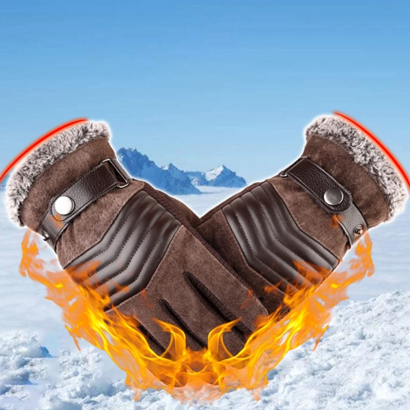 

Men Winter Autumn Faux Leather Thermal Touch Screen Gloves Thicken Plush Lining Warm Windproof Anin-Slip Cycling Mittens