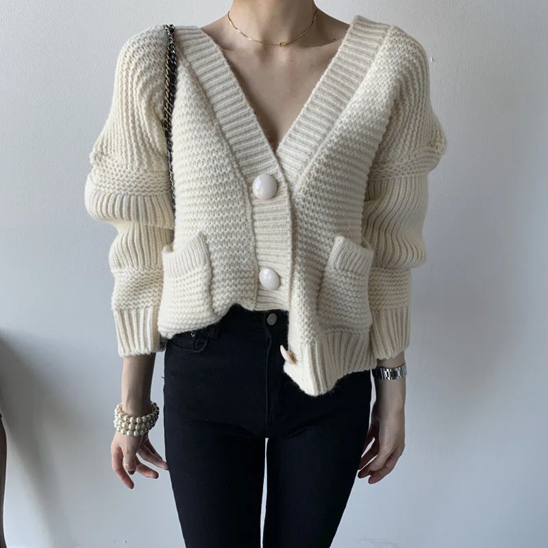 

Женский однобортный Кардиган с V-образным вырезом, Элегантный Теплый свободный однотонный Кардиган с длинным рукавом, Осень-зима 2020