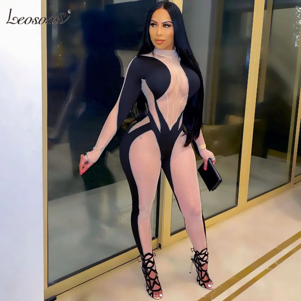 

Sheer Mesh Patchwork Rompers Womens Jumpsuit Sexy Color Block Long Sleeve One Piece Club Outfit Streetwear See Through Bodysuit