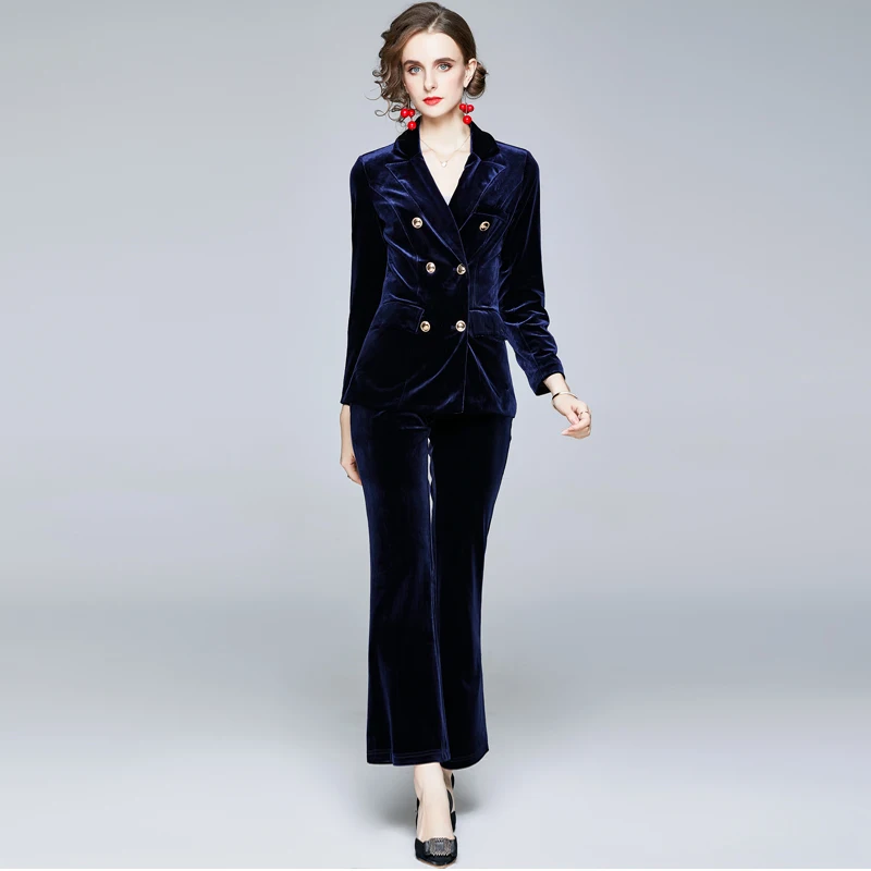 

2020 Fashion Autumn Winter Women Suit Elegant Vintage Notched Velour Blazer and Pants Matching Set Lady Office Party Twinset