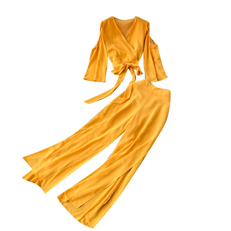 

One piece Chiffon Top with off shoulder and flared sleeves, two piece high waist and wide leg split pants