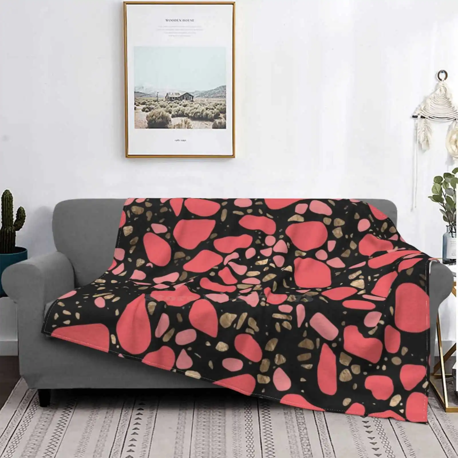 Terrazzo-мозаика-живой коралл и золото на черном низкая цена новый принт новинка