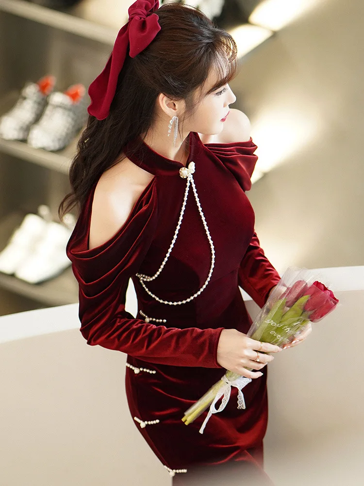 

Платье женское вечернее с высоким разрезом, пикантное бордовое велюровое длинное облегающее Формальное вечернее, для выпускного вечера