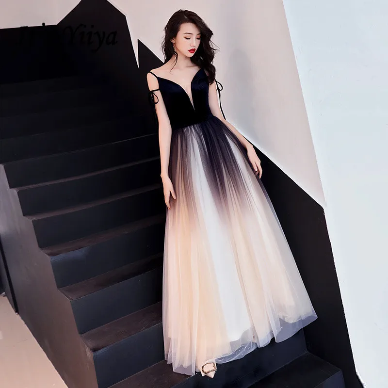 

Evening Dress It's Yiiya R213 V-Neck Spaghetti Strap Women Party Dresses 2020 Black Gradient Crepe A-line Bow Robe De Soiree