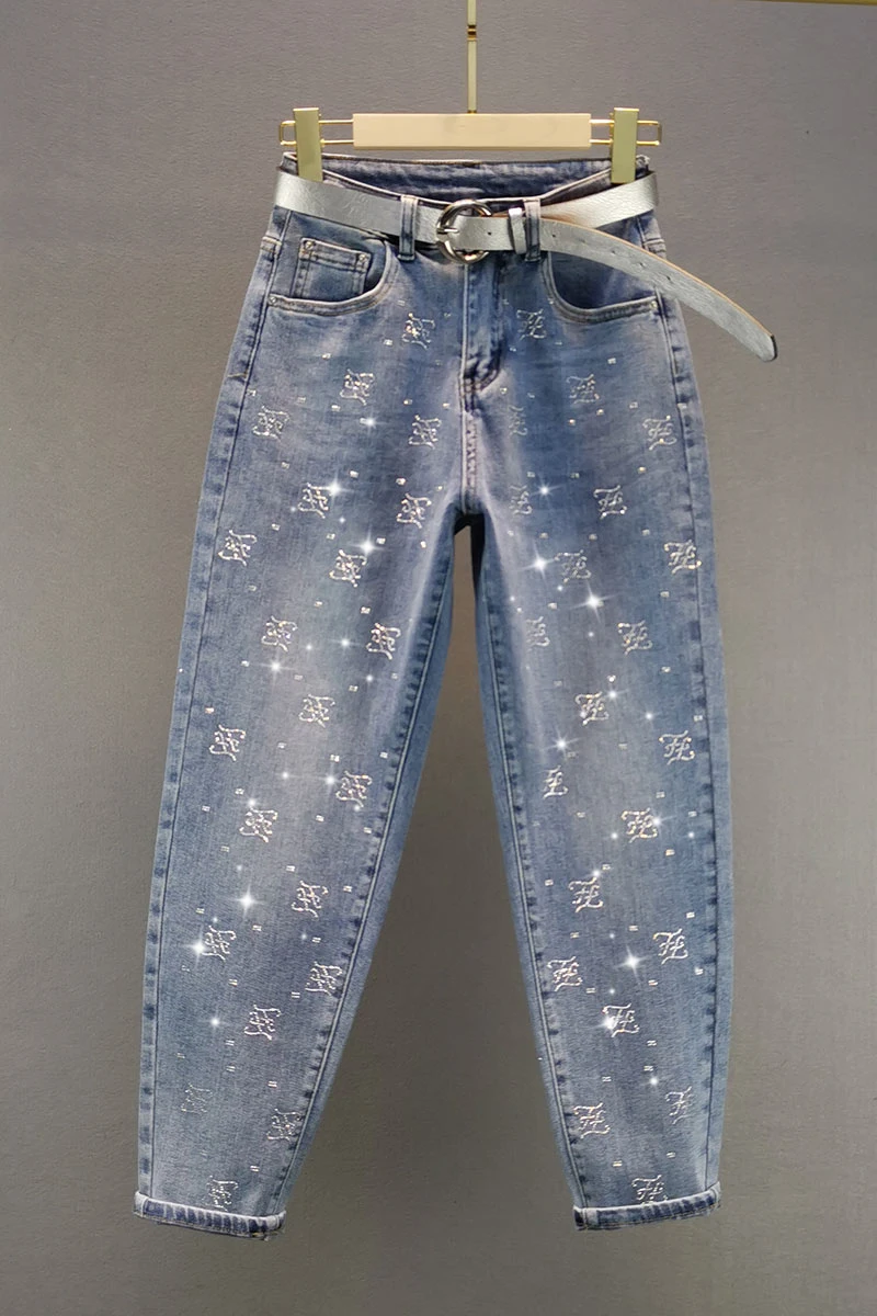 

2021 New Spring Women's Cotton Elastic Hot Drilling Harem Jeans Ladies High-waisted Slim Loose-fitting Cross-pants Denim Jeans