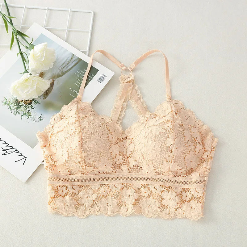 

Padded Bralette Deep V Lace Bras For Women Fashion Wireless Summer Crop Top Girls Backless Lingerie BH Free Size