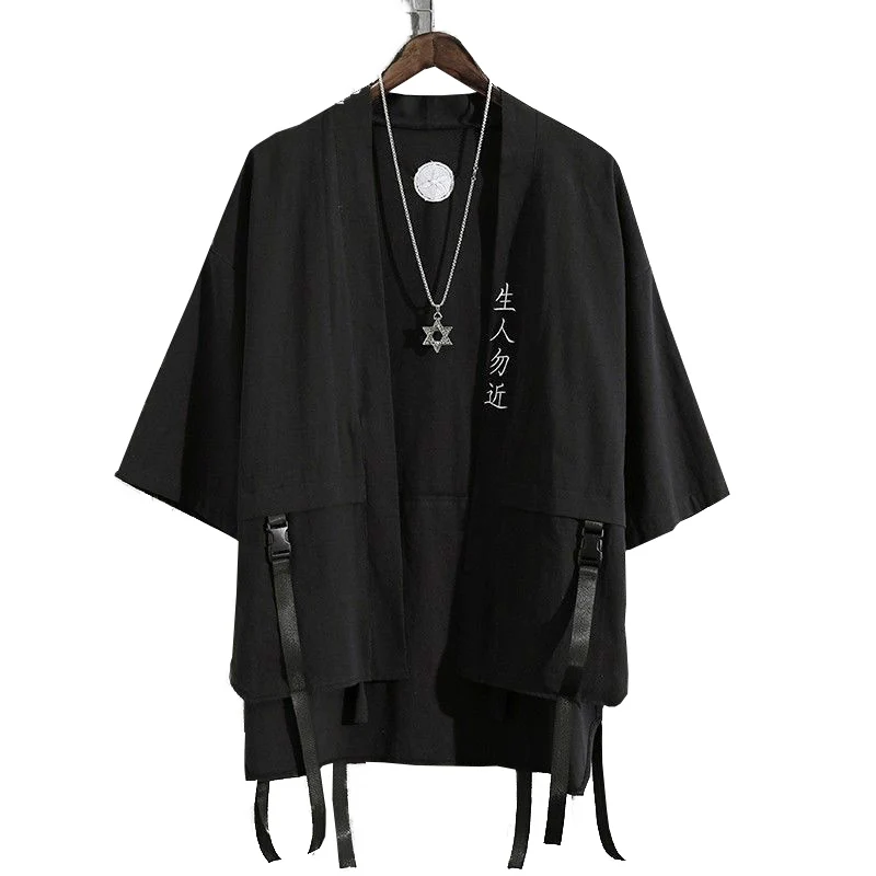 Men's Black Haori Cardigan Kimono Short Sleeve Shirt Samurai Japanese Style Loose Yukata Shirts Streetwear Casual Thin Tops