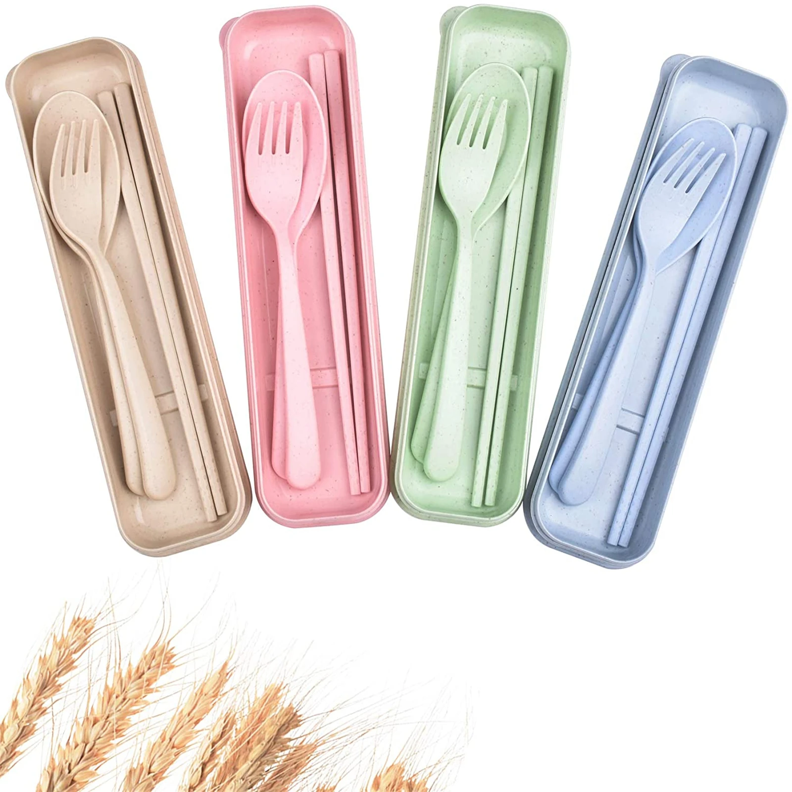 

Travel Utensil Set With Case Wheat Straw Reusable Spoon Chopstick Forks Tableware Eco Friendly Non-toxin Bpa Free Cutlery Set