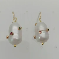 2pairs cultured white twins pearl cz rhinestone pave hook earrings