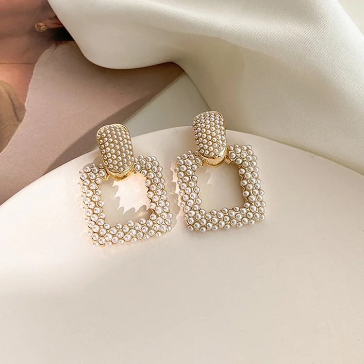 

2020 New Arrival Vintage Simulated-pearl Geometric Square Dangle Earrings For Women Fashion Geometric Gold Color Metal Party