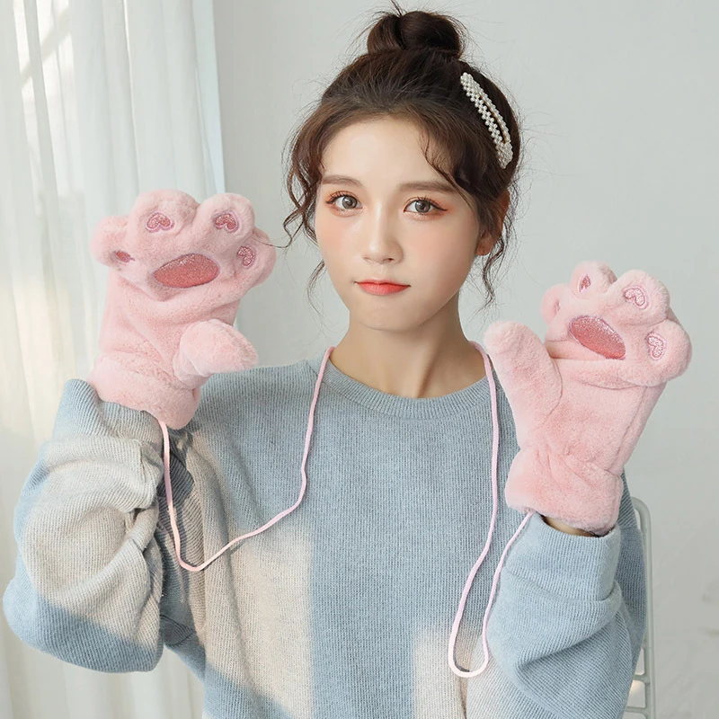 

1Pair Women Girls Warmer Gloves Cute Cat Kitten Paw Claw Winter Warm Gloves Soft Anime Cosplay Plush for Halloween Accessories