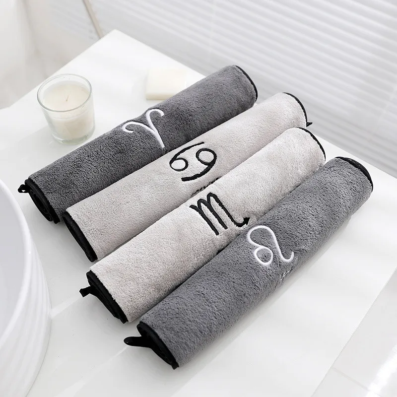 

1Pc 34x74cm Grey Color Soft Coral Fleece Lovers Constellation Embroidery Absorbent Home Bathroom Adult Hand Towel