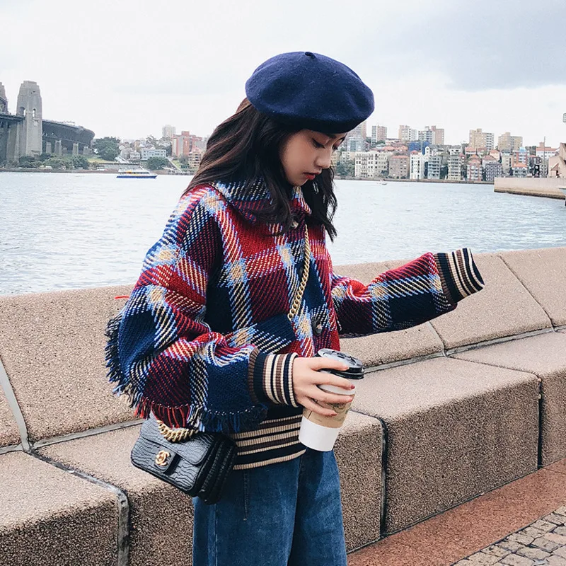 Свободное клетчатое пальто Харадзюку с кисточками и длинным рукавом Осень-зима