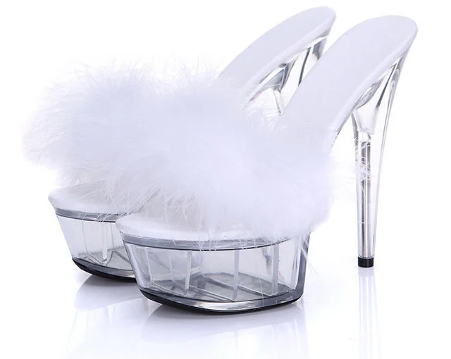 

2021 summer new Nightclub fun Plush sandals high heeled shoes thin heel large size transparent crystal shoes show women's shoes