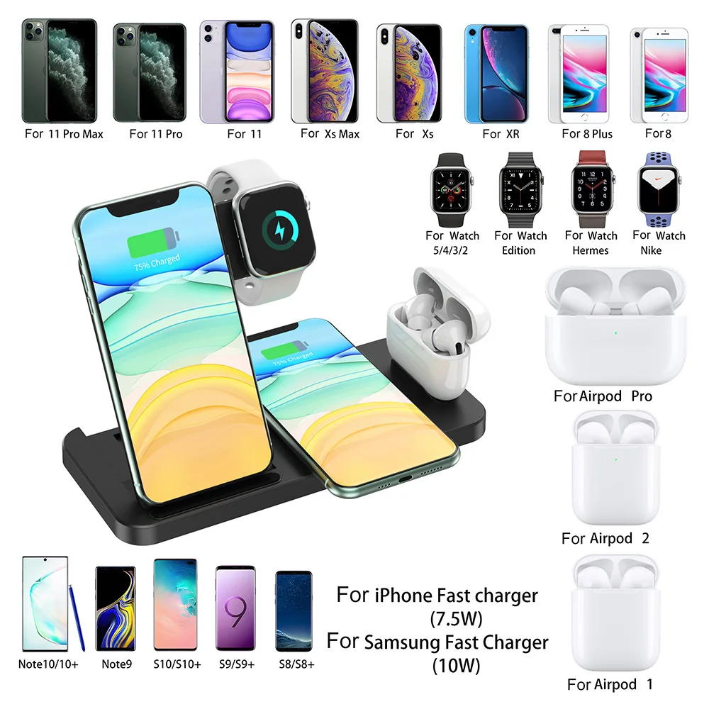 15w 4 in 1 wireless charger dock station for iphone 13 12 11 x xs xr 8 apple watch 7 6 5 4 3 airpods pro qi fast charging stand free global shipping