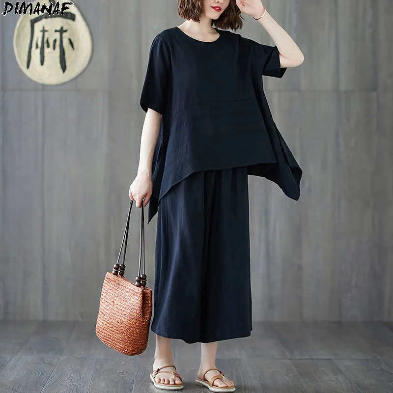 

Женский комплект из двух предметов DIMANAF, льняной винтажный Повседневный свободный костюм с длинными брюками, одежда с коротким рукавом, раз...