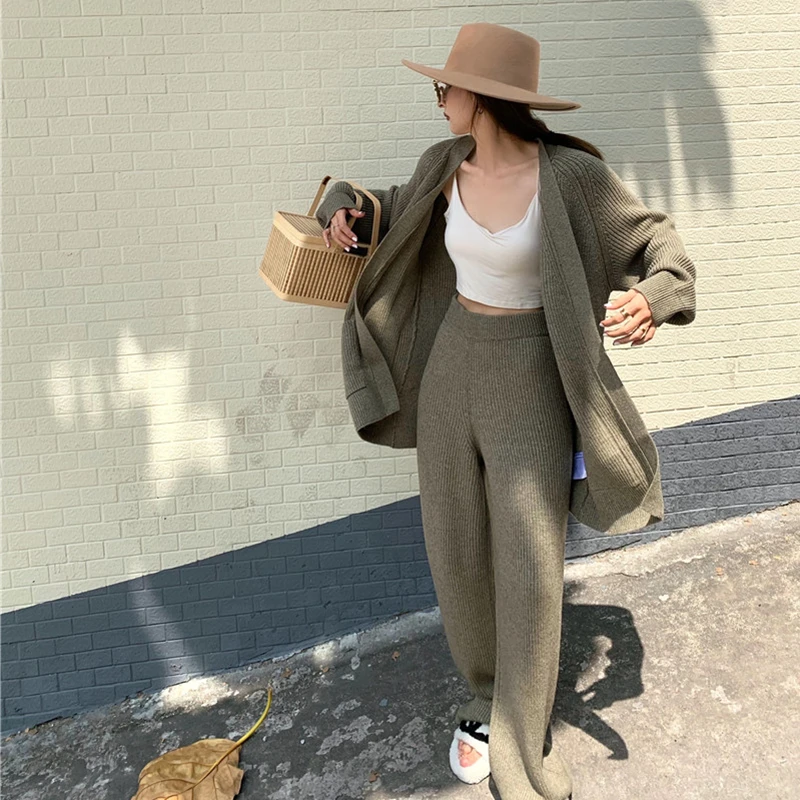 

2021 Winter Warm Sweater Two-Piece Setup Women Quality Pantsuit Oversized Knitted Cardigan&High-Waisted Wide-Leg Pants Outfit