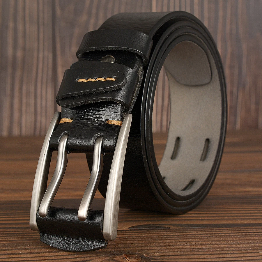Hot Sale High Quality Wide Men Belts Genuine Leather Unique Double Needles Buckle Leather Jeans Belt for Men Real Leather Strap