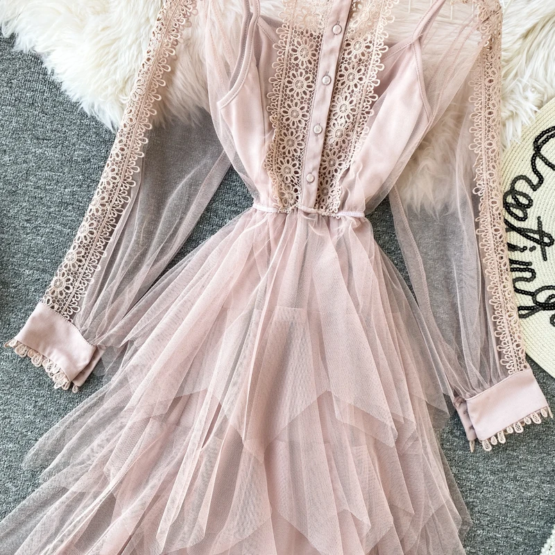 HISUMA 2020 spring New Women's lace Spliced mesh layer ruffles puff dress female elegant fairy irregular dresses two piece set | Женская