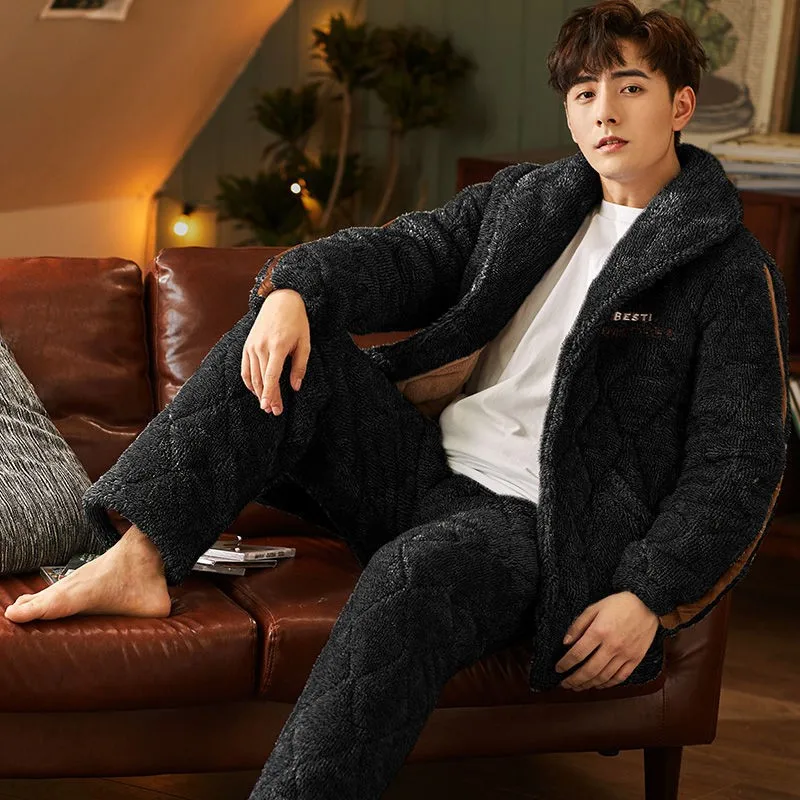 Толстая Коралловая флисовая Пижама комплект из 2 предметов для мужчин зимняя