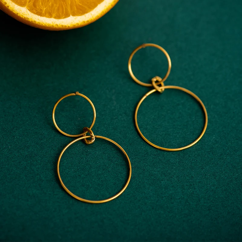 Позолоченные двойные круглые Висячие серьги для женщин в стиле панк европейские