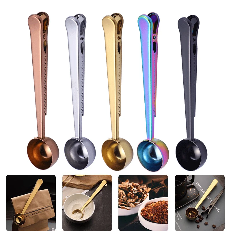 

1PCS Two-in-one Stainless Steel Coffee Spoon Sealing Clip Kitchen Gold Accessories Recipient Cafe Expresso Cucharilla Decoration