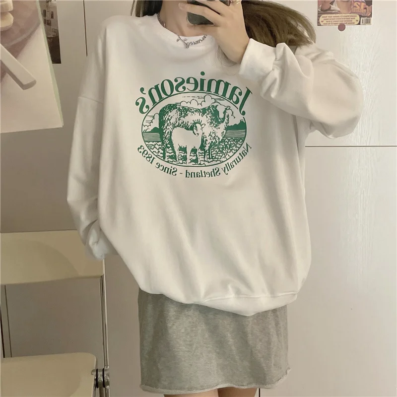 

Autumn winter loose wool lined printed neck sweatshirt for women