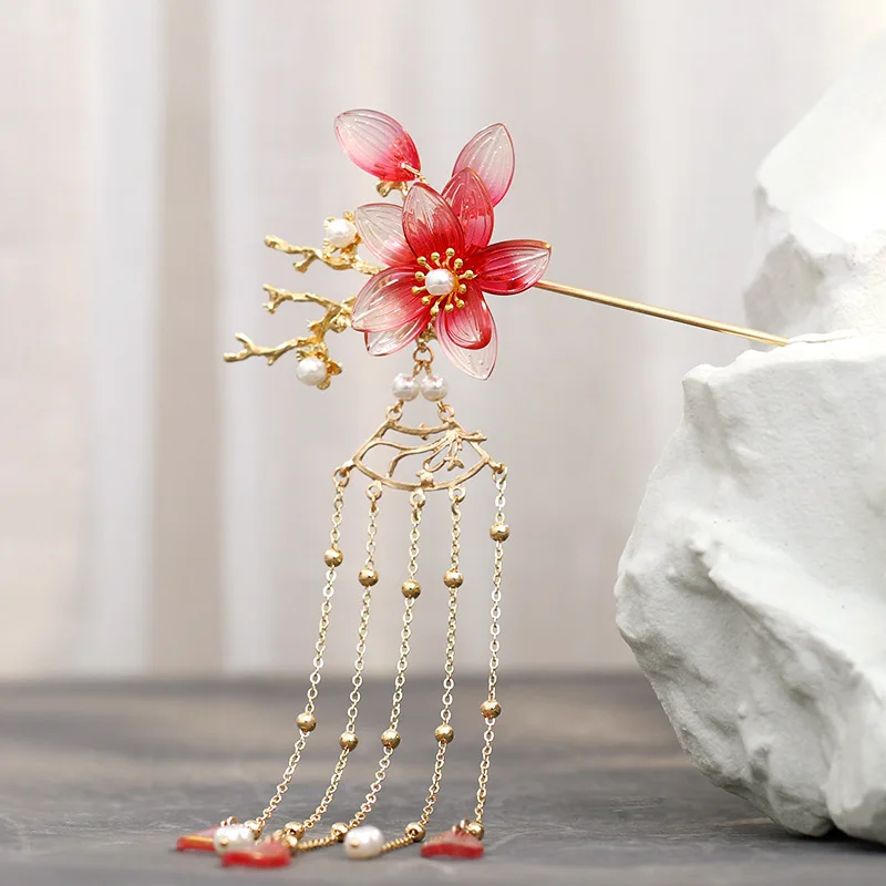 Длинные шпильки для волос с жемчугом и красными цветами FORSEVEN золотистые